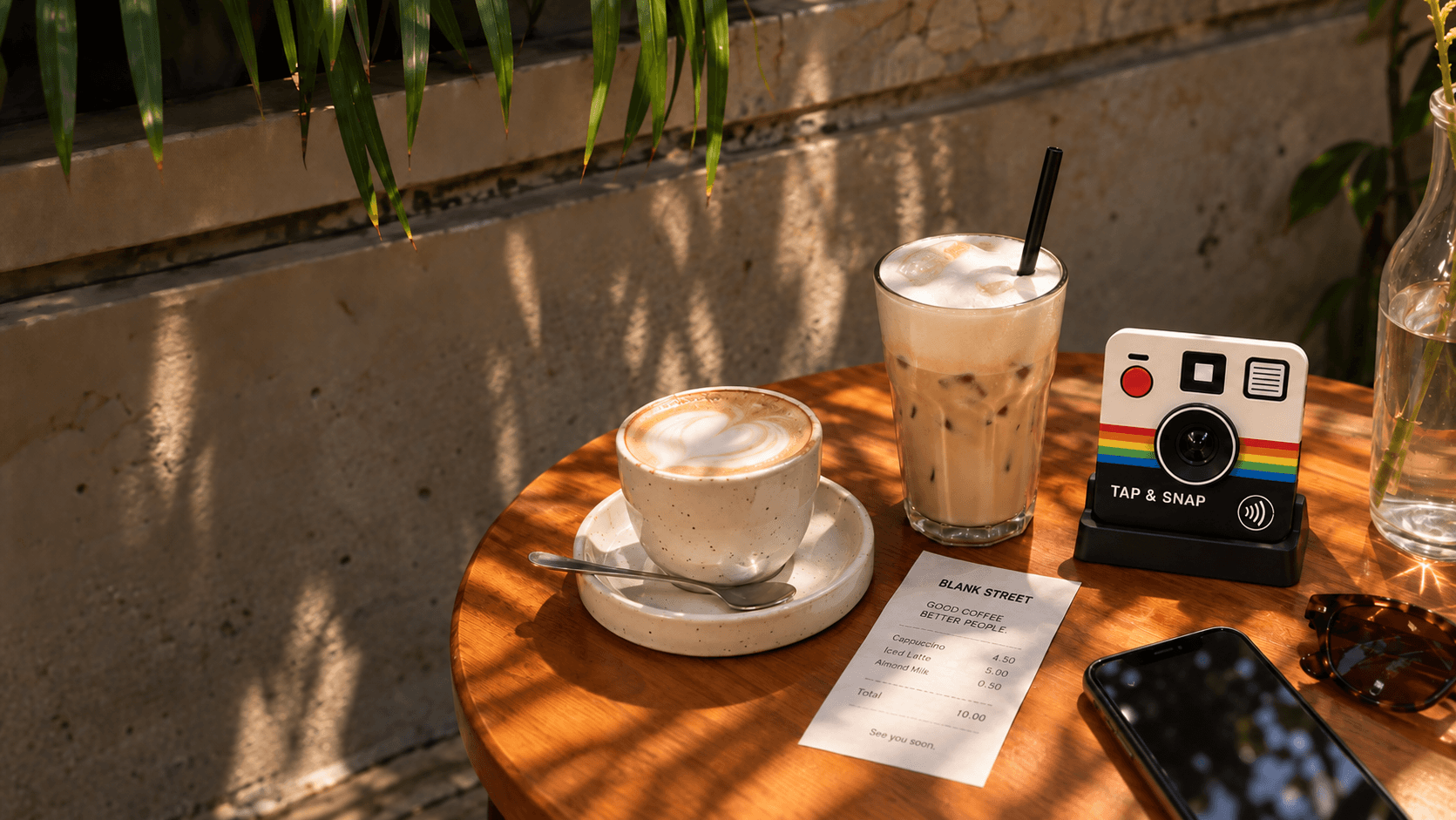 Tap & Snap on a café table with drinks and a customer phone