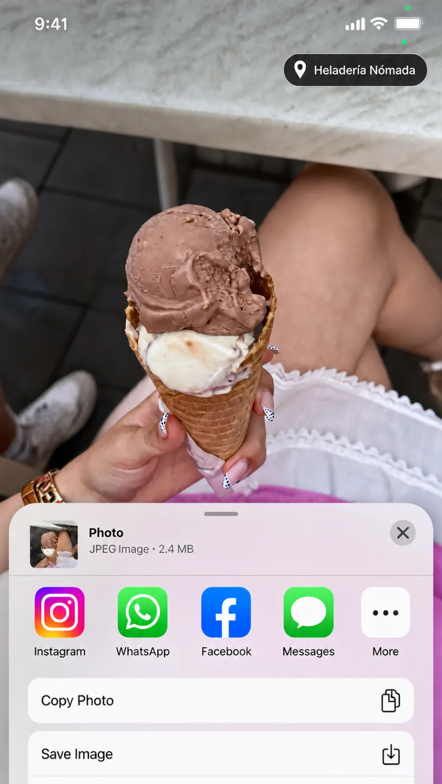 Ice cream photo with a native-style social share sheet
